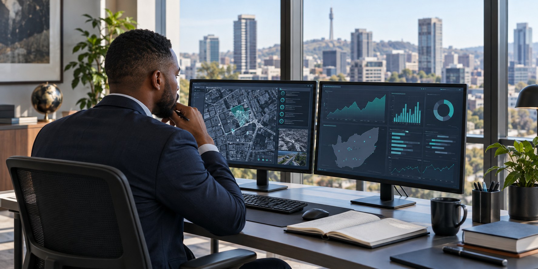 Illustrative analyst reviewing security and business trends in a Johannesburg office