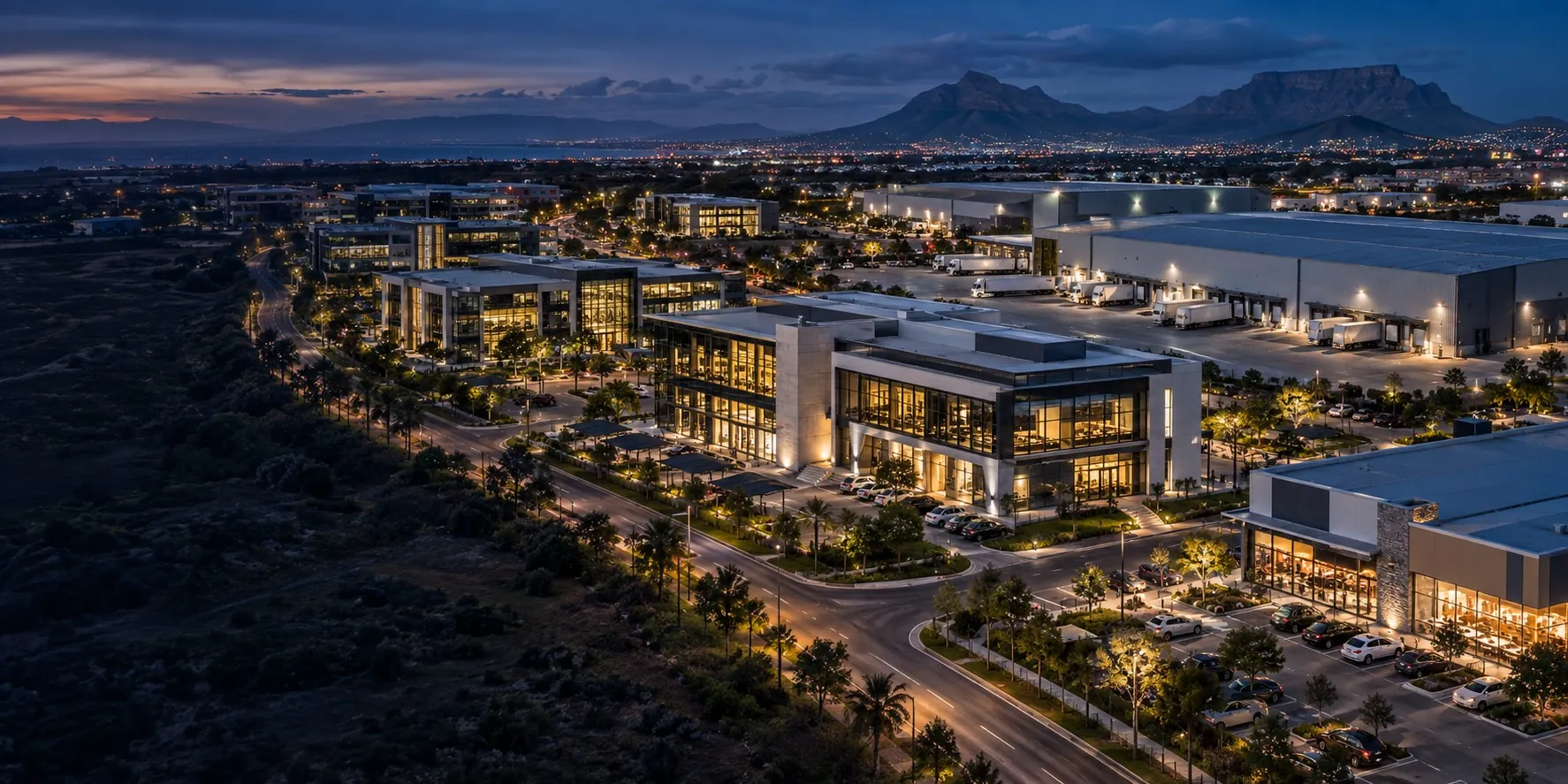 Illustrative South African commercial and industrial precinct at dusk