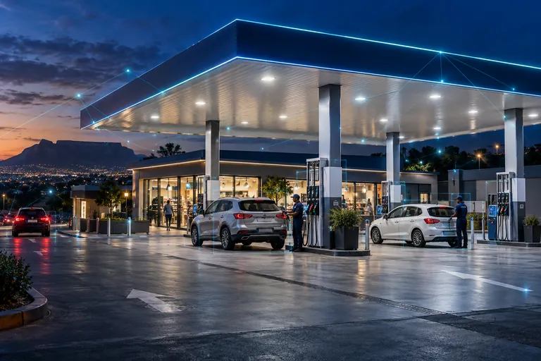 Cars and fuel pumps under a petrol station canopy