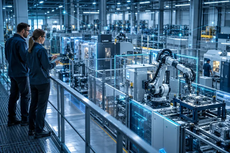 Technicians reviewing machinery on a manufacturing floor