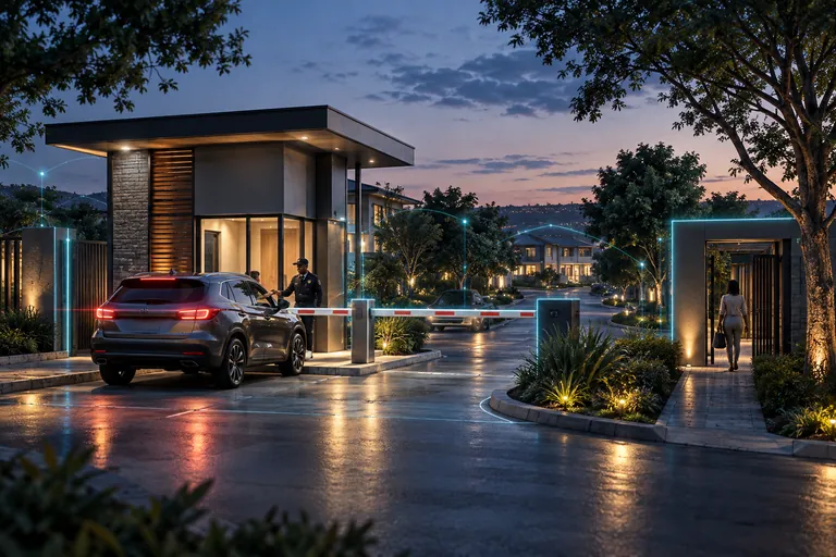 Vehicle entering a landscaped residential estate