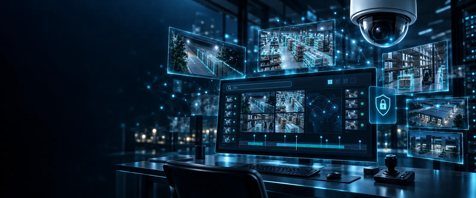 AI video management workspace with connected footage, event timeline and secure access
