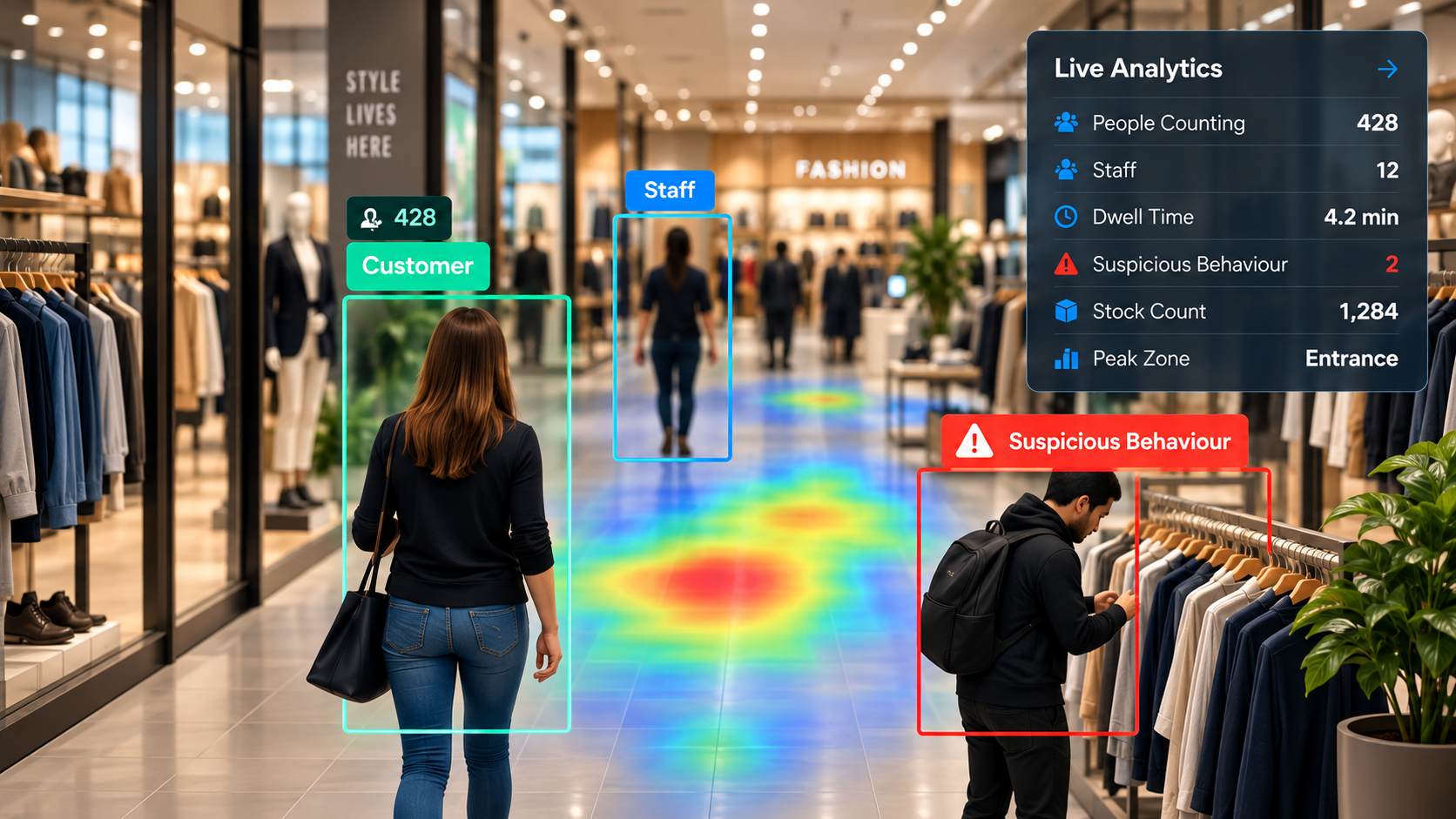 AI retail analytics showing people counting, heat mapping, suspicious behaviour detection and stock counting